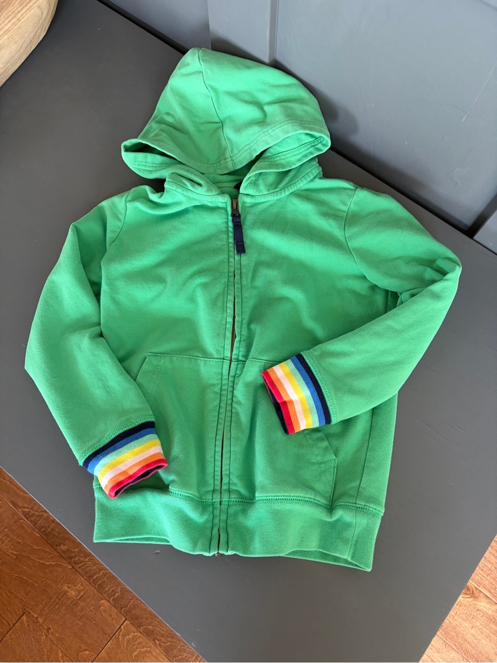 Primary Green Hoodie with Rainbow Stripe Cuffs